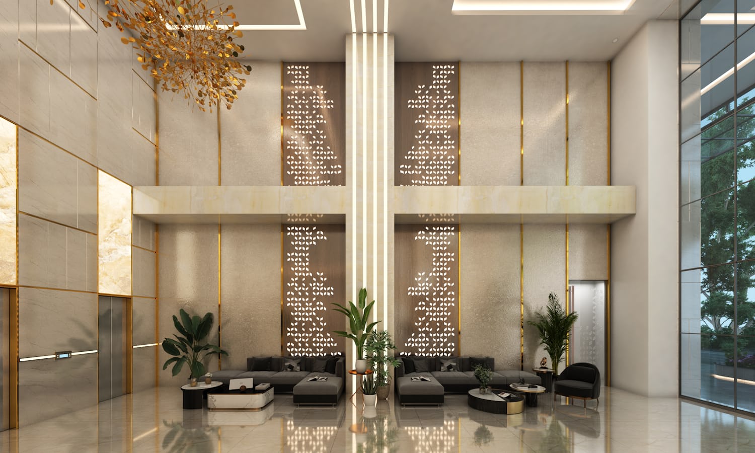 Lobby elegante de hotel boutique con iluminacion calida y detalles dorados